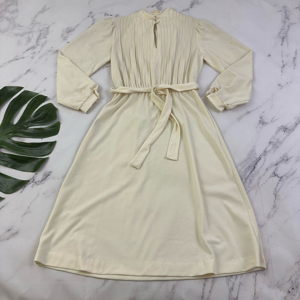 Womens Vintage 70s Puff Sleeve Dress Size 8 Cream White Fit Flare Pleats